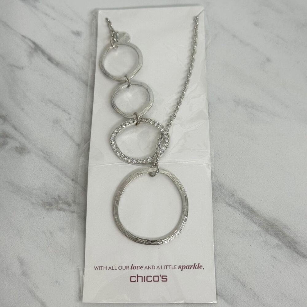 Chicos Interlocking Rings Pave Rhinestone Silver Tone Adjustable Lariat NWT ✨